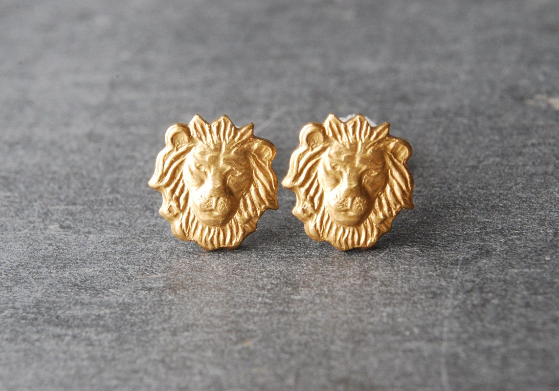 Lion Earrings Brass Lion Head Stud Earrings