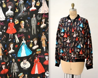 90s VIntage Nicole Miller Silk Bomber Jacket with BARBIE Doll Print size Large