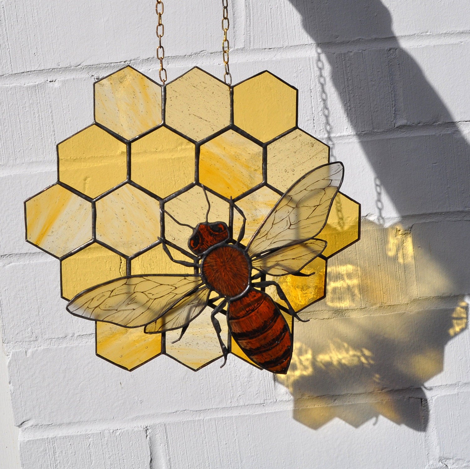 Stained Glass Honey Bee On Honeycomb By Biltmorestainedglass
