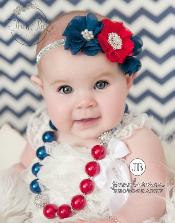 LIttle girls nautical Chunky Necklace and Baby Headband SET,Baby Headbands, Patriotic Chunky Necklace, Nautical Baby Headbands, 4th July set by ThinkPinkBows