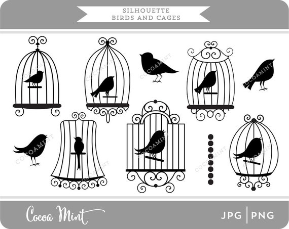 Silhouette Birds and Cages Clip Art by cocoamint on Etsy