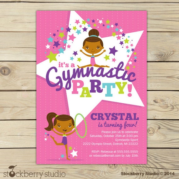 Gymnastics Birthday Invitation Printable - Gymnast Girl Party Invite - Gymnastic Thank YouCard Il_570xn