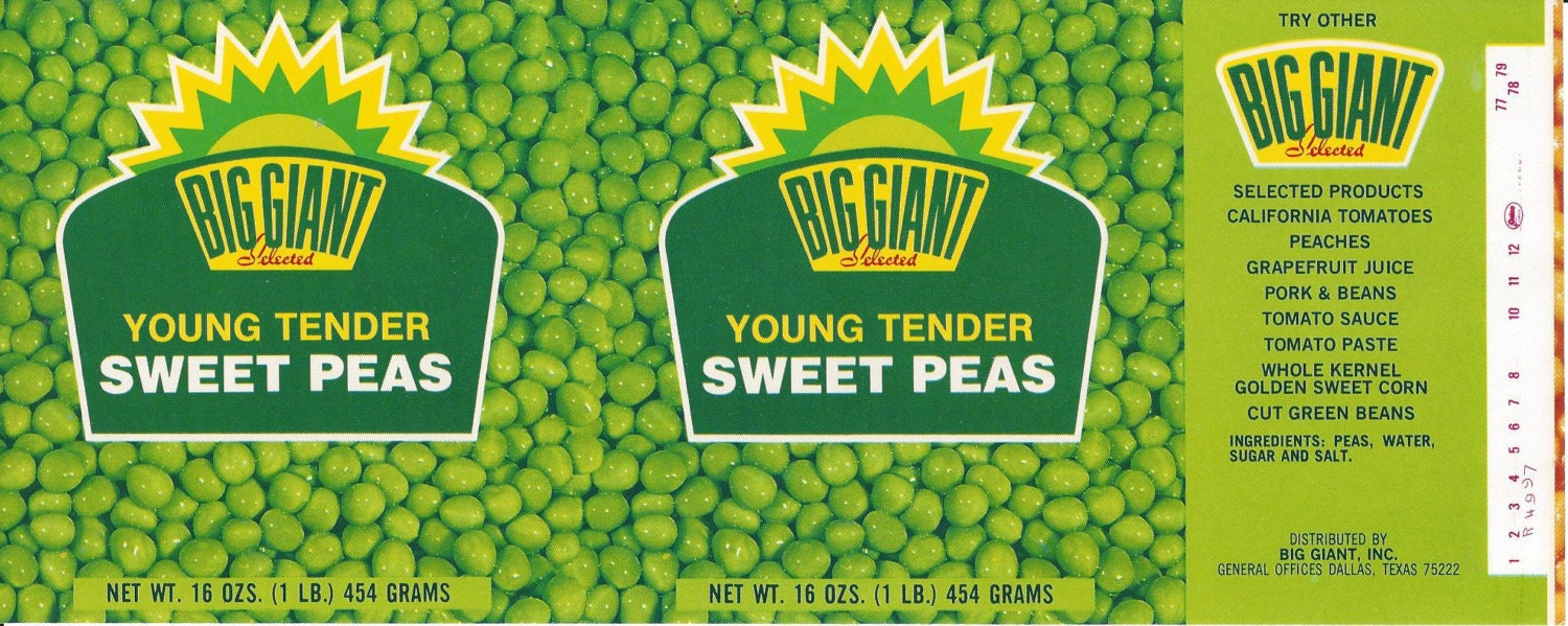 Big Giant Peas Vintage Can Label 1950s