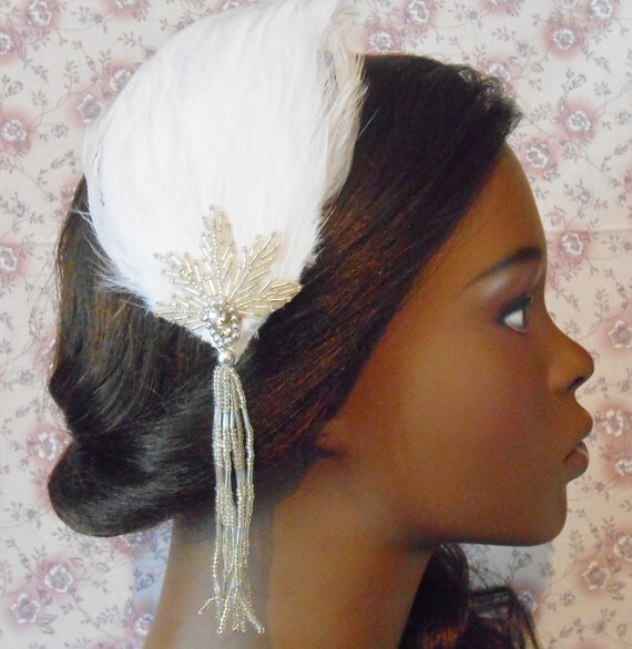 Glam Beaded Cream White Feather Hair Clip- Gatsby Wedding
