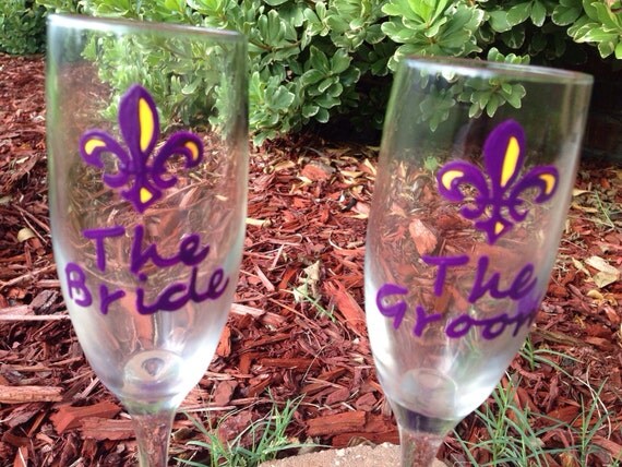 LSU Fleur de Lis WEDDING FLUTES College football wedding theme purple and gold wedding theme tigers wedding themer tailgate wedding shower