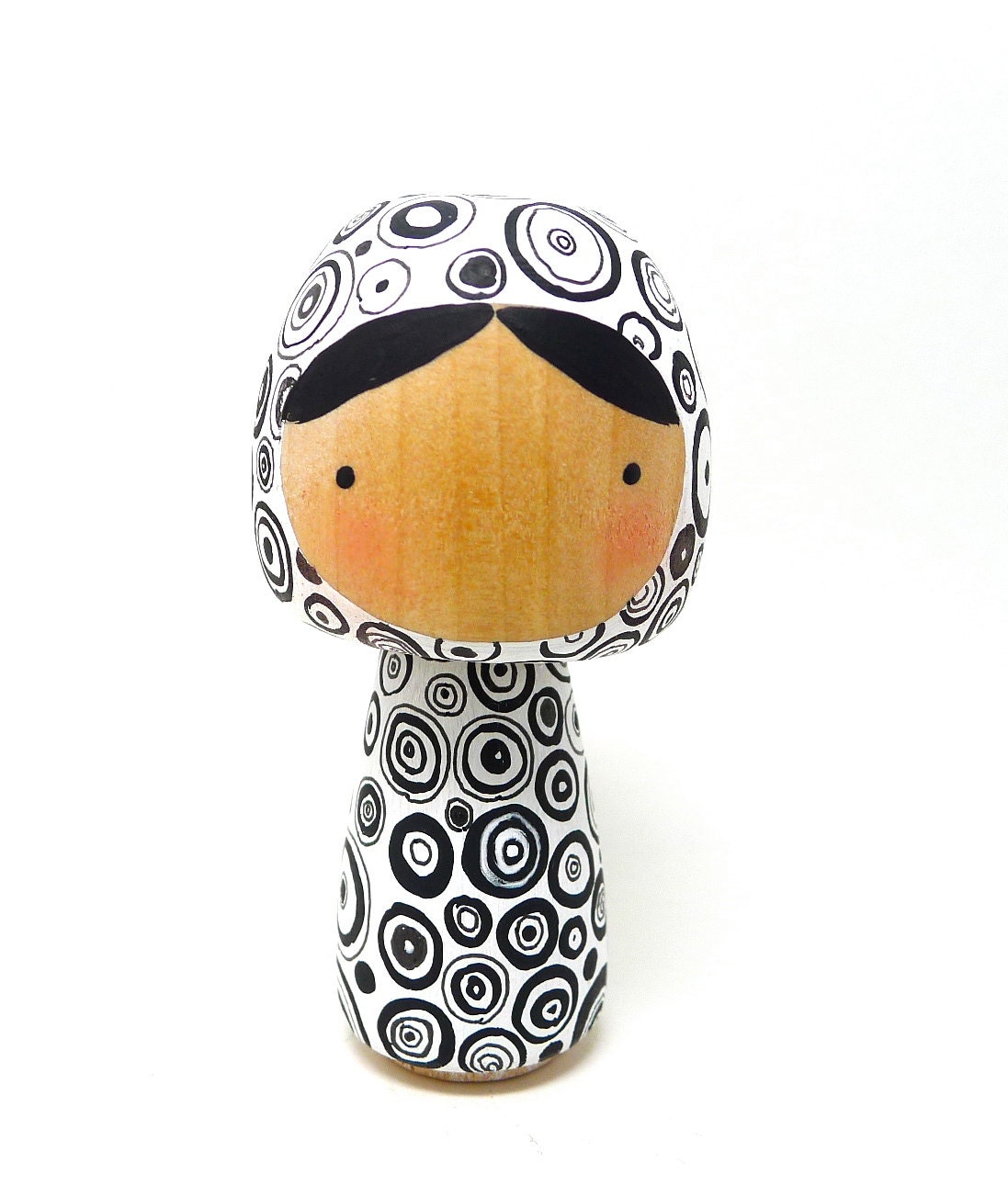 Wooden Kokeshi Black White Geometric Circles Louise