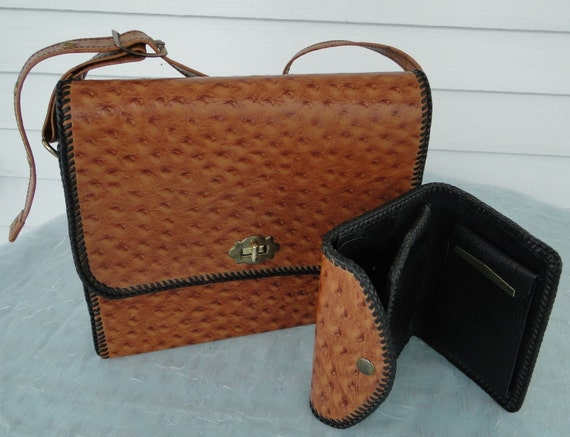 Matching Purse & Wallet Set Vintage Faux Ostrich by Gingerfly