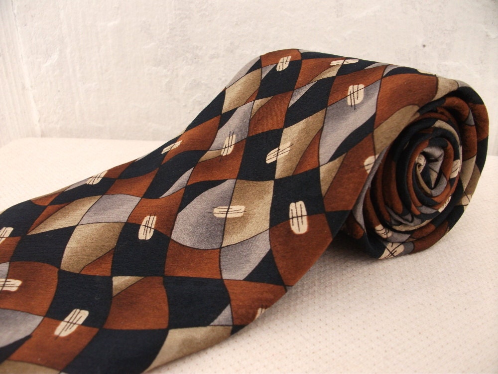 90s Abstract Tie / Navy Blue Brown Tan and Gray / Vintage Necktie ...