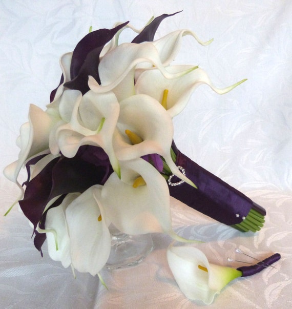Dark purple plum and white mini real touch calla lily Wedding