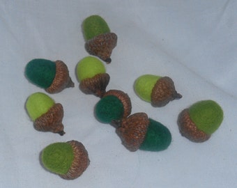 9 Needle Felted Acorns - Greens - FREE SHIPPING to US and Canada