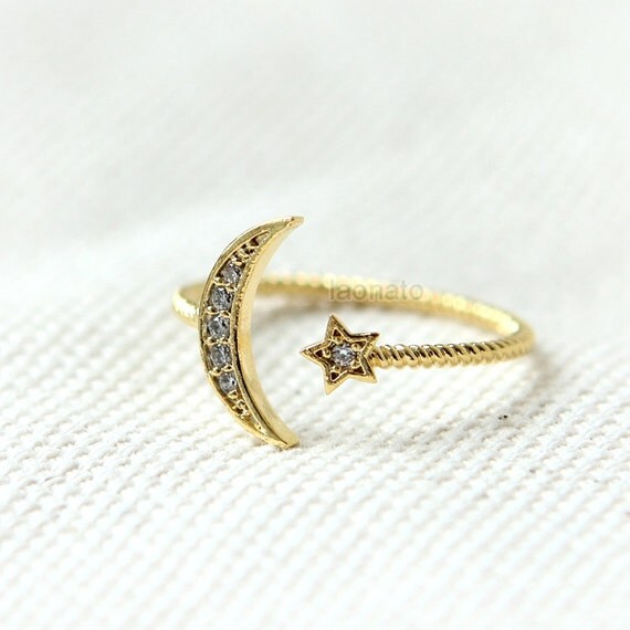 Crescent Moon And Star Ring Adjustable Ring Choose By Laonato crescent-moon-and-star-ring-adjustable-ring-choose-by-laonato