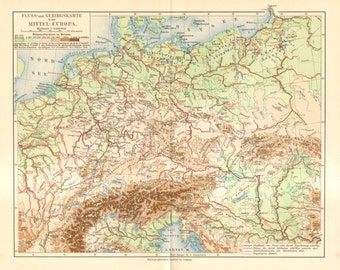 1909 Original Antique Relief Map of Central Europe