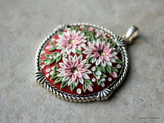 Lovely Floral Clay Applique Pendant in Pink White and Green