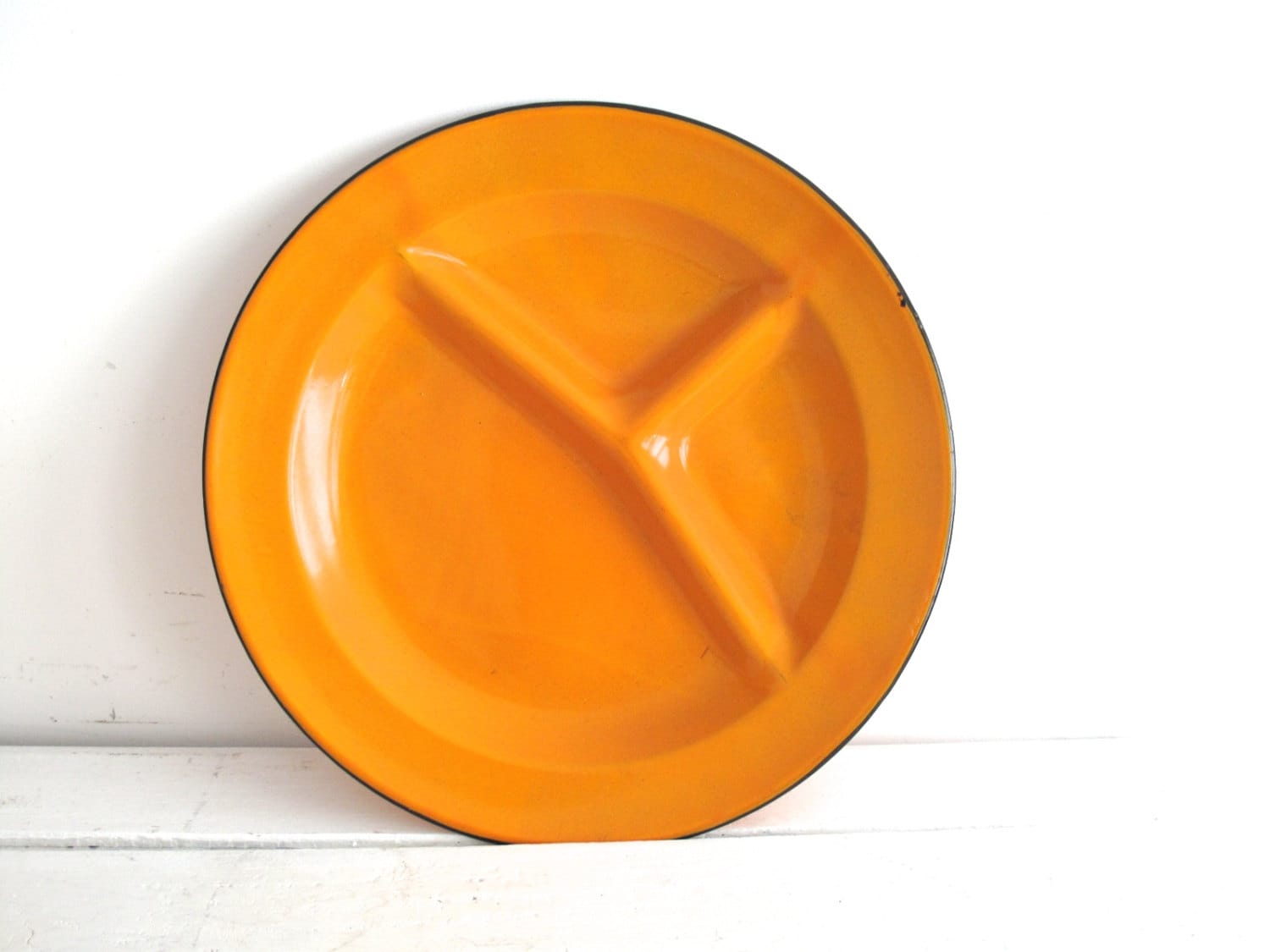 Vintage Orange Enamel Plate with Black Trim, Birght Orange Metal
