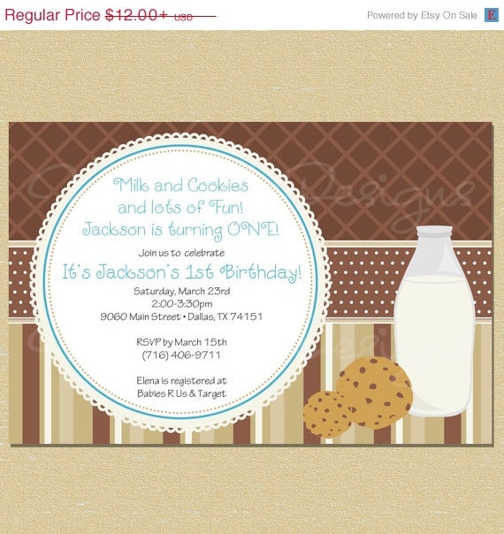 10% OFF SALE Blue Cookies & Milk Birthday Invitation Il_570xn