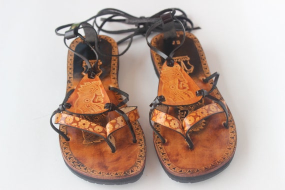 Lace Up Leather Sandals Handmade & Handpainted Inca by Calpas