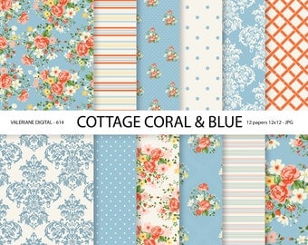 Shabby Chic Digital paper pack in coral and blue, digital backgrounds, Cottage Papers, 12 jpg files 12x12 - INSTANT DOWNLOAD Pack 614