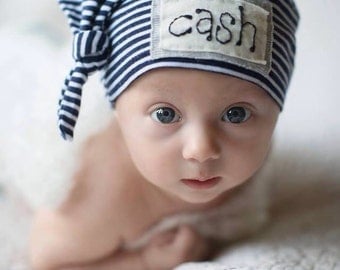 NAVY & WHITE STRIPE: Baby Name hat, personalized hat, newborn name hat, photography prop, baby hat, knots, birth announcement, hospital hat