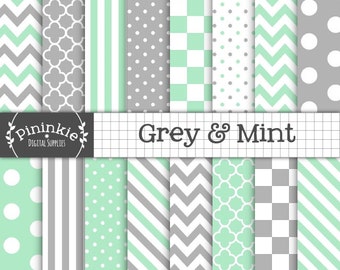 Mint Digital Paper Pack, Grey Digital Scrapbook Paper Pack, Mint Chevron Digital Paper, Instant Download, Green Paper