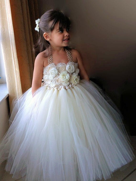 Ivory Flower Girl Dress With Chiffon Flowers Tan Top and