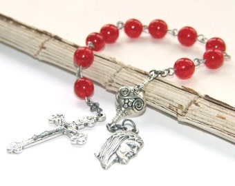 Pocket Rosary, Catholic Decima Chaplet, Crown of Thorns Medal, Red Crystal & Silver