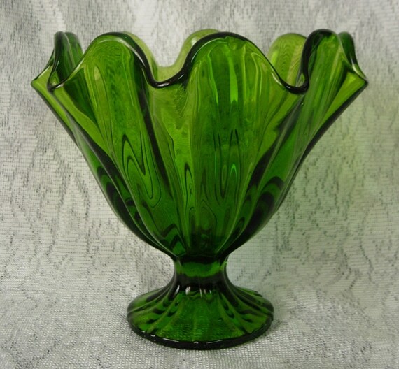 RESERVED. Fluted GREEN Pedestal Compote Vase by DustedMemories