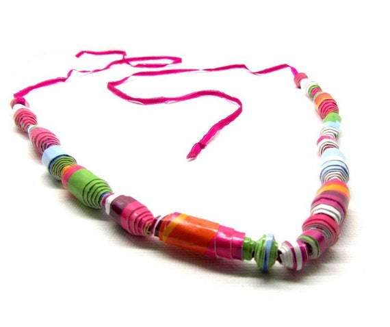 Multicolored Paper Bead Necklace Rainbow  Multi Color Modern Eco Fashion