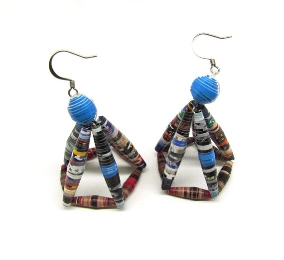 Paper Anniversary Handmade Paper Bead Earrings Dangle Earrings Lightweight Paper Jewelry Earrings Blue