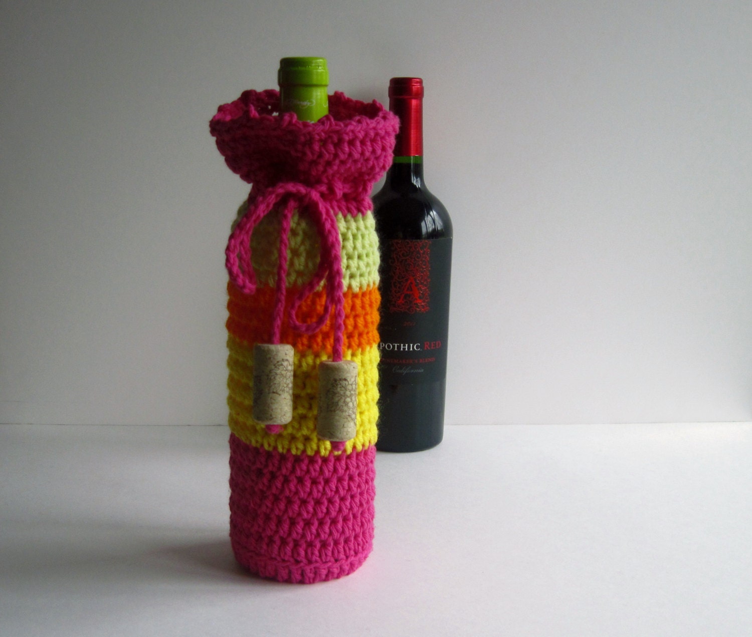 Wine Bottle Cover Crochet Cozy Gift Wrap Pink Orange