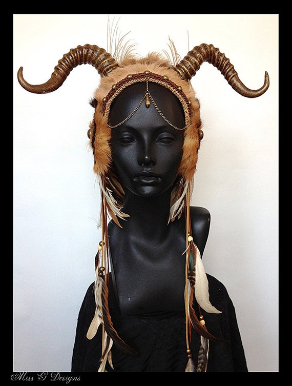 Items similar to MADE TO ORDER Midsize Brown & Ivory Warrior Headdress with Horns on Etsy