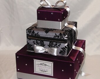 Elegant Custom made Plum and Gray(Silver) Damask Wedding Card Box-any colors