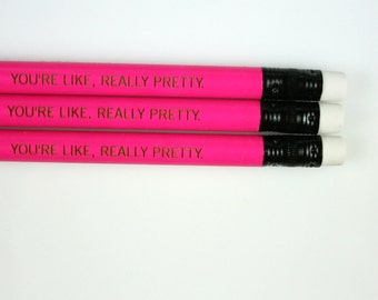 you're like really pretty engraved pencil set 3 three hot pink pencils.