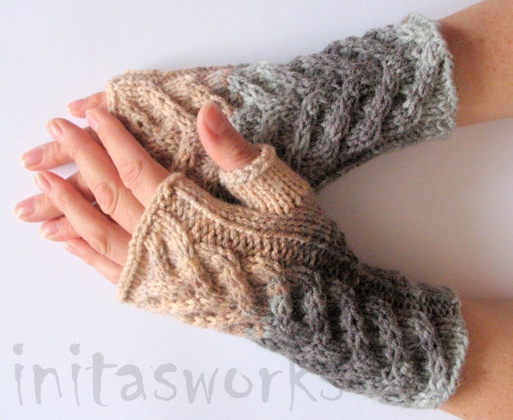 Fingerless Gloves Mittens Beige Brown Gray White wrist warmers Knit