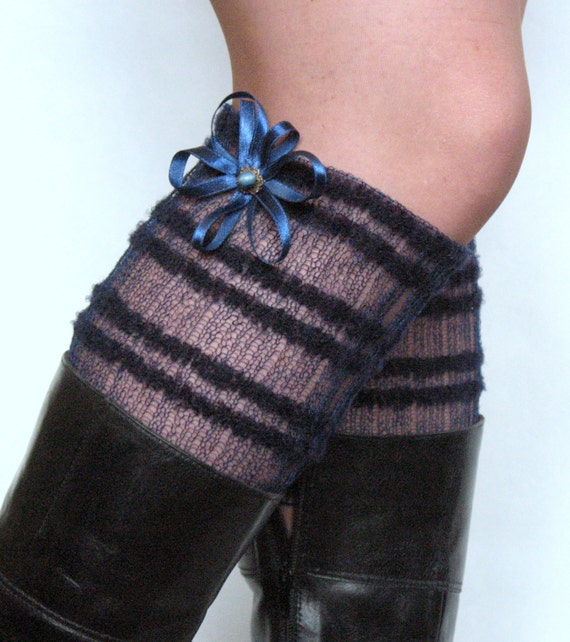 Lace Linen Boot Cuff Boot Toppers Leg Warmers Striped Blue Boot Socks Knit Legwarmers Cable Knitted