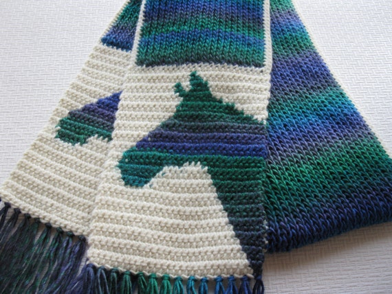 Horse scarf. Peacock colors knit scarf with horses for women.