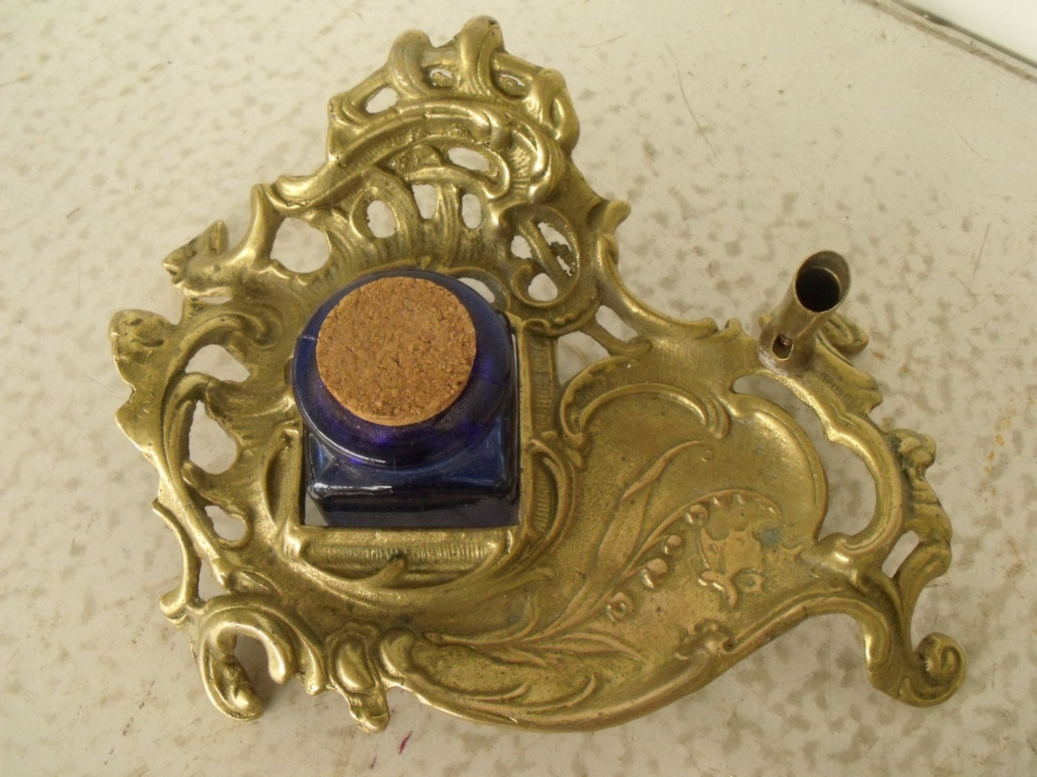 Vintage Desk Set Pen Holder Ink Well Art Deco Brass Victorian