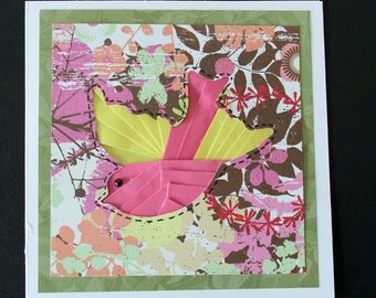 Colorful Handmade Card with iris folded Bird and embossed envelope