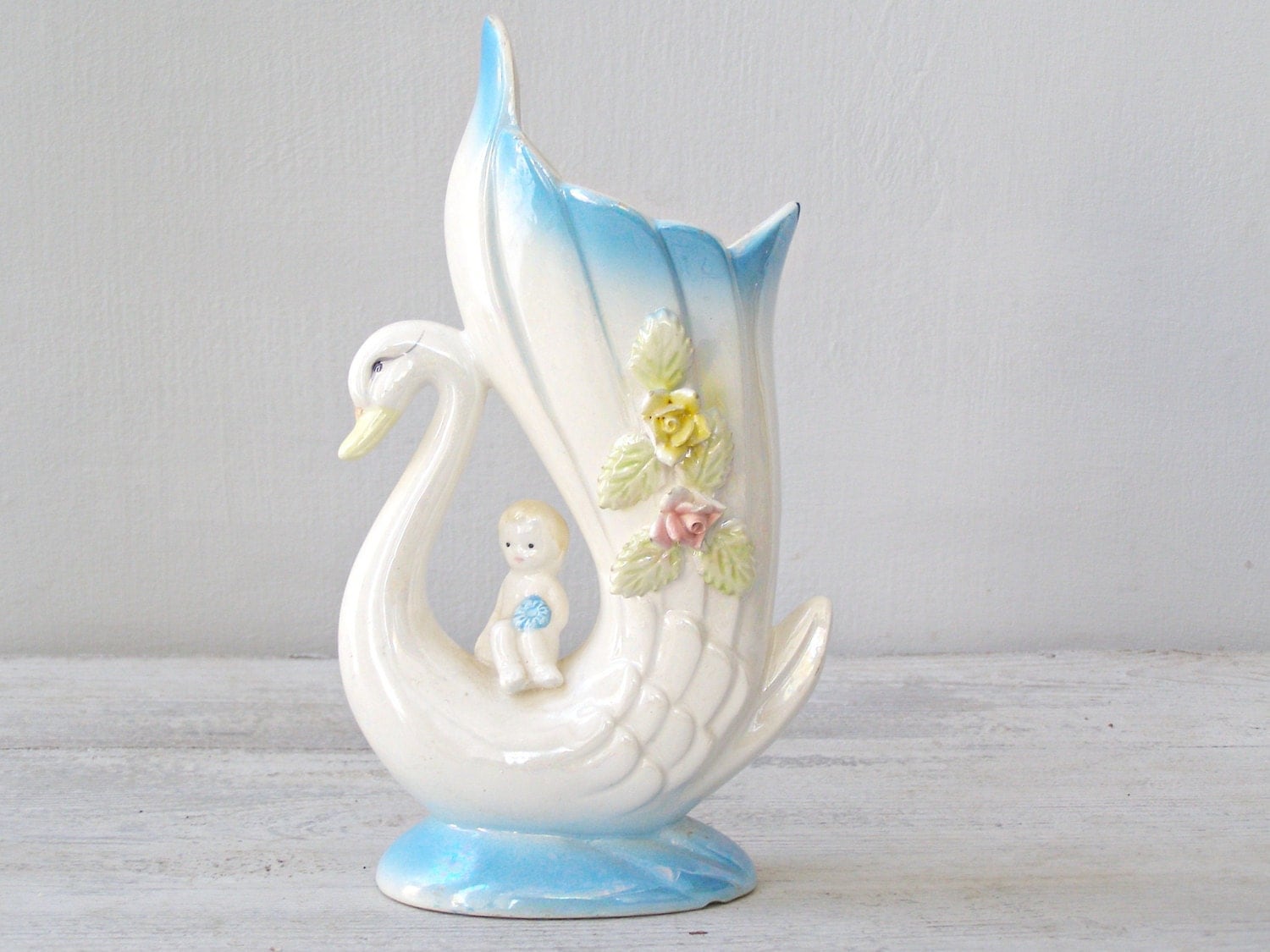 Ceramic Swan Vase White and Blue Retro figurine Vase by MeshuMaSH
