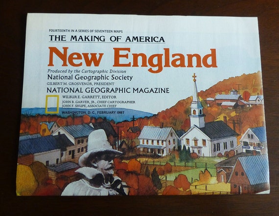 Vintage National Geographic map of New England from February