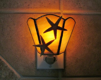 Yellow and Orange Starfish Accents Night Light - Handcrafted Authentic Stained Glass - Authentic Starfish - Wide Fan Design