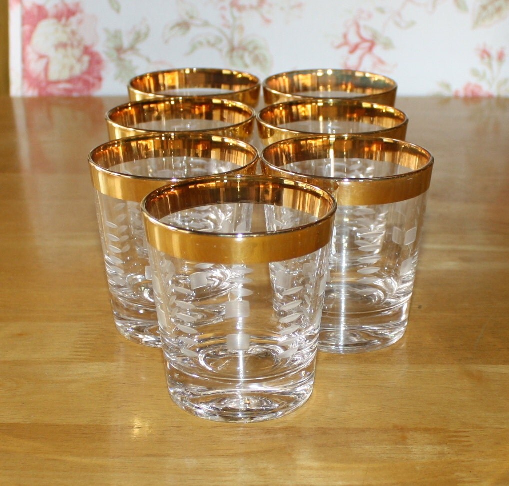 Vintage Royale Crystal Gold Rimmed Etched Rock Glasses Set