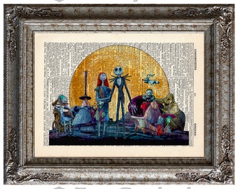 Nightmare Before Christmas 5 Characters Jack Skellington and Sally on Vintage Upcycled Dictionary Art Print Book Art Print Sandy Claws