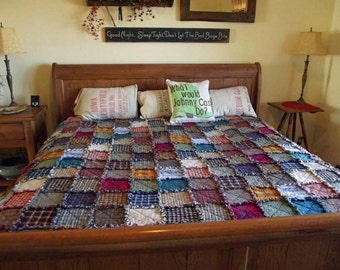 King Patchwork Rag Quilt, Made to Order, Rustic, Reversible, Homemade Quilts, Farmhouse, Country Quilt, Primitive Quilt, King Quilt