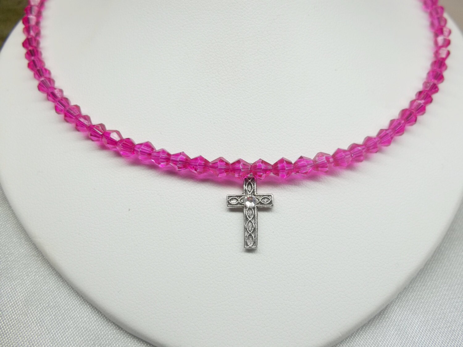 Girls Necklace Cross Necklace Hot Pink by PearlsGemsnCrystals