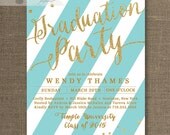Gold & Aqua Graduation Party Invitation Gold Glitter Blue and White Stripes Modern High School College DIY Digital or Printed- Wendy Style Il_170x135