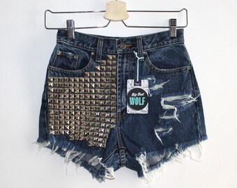 Denim Cutoff Shorts - High Waisted, Heavily Studded on the Front, Slashed and Frayed