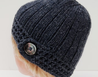 Womens knitted hat - hand knitted beanie - blue wool hat - knit blue hat with button- blue wool beanie - blue knitted hat - merino wool hat