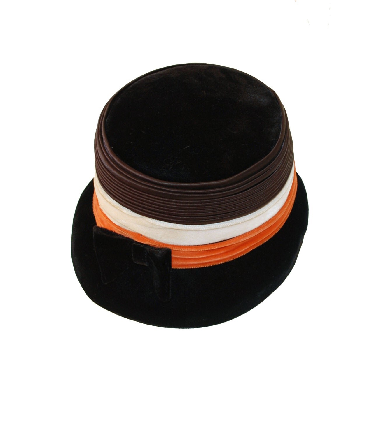 60s Flower Pot Hat Black Cream Rust Velvet Lynne by MadgesHatBox