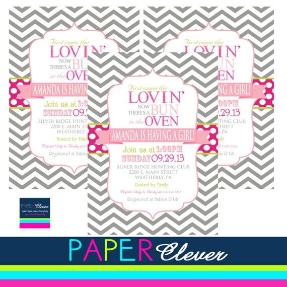 Girls Baby Shower Invitation - bun in oven, pink, typography- digital, printable #9110 Il_570xn