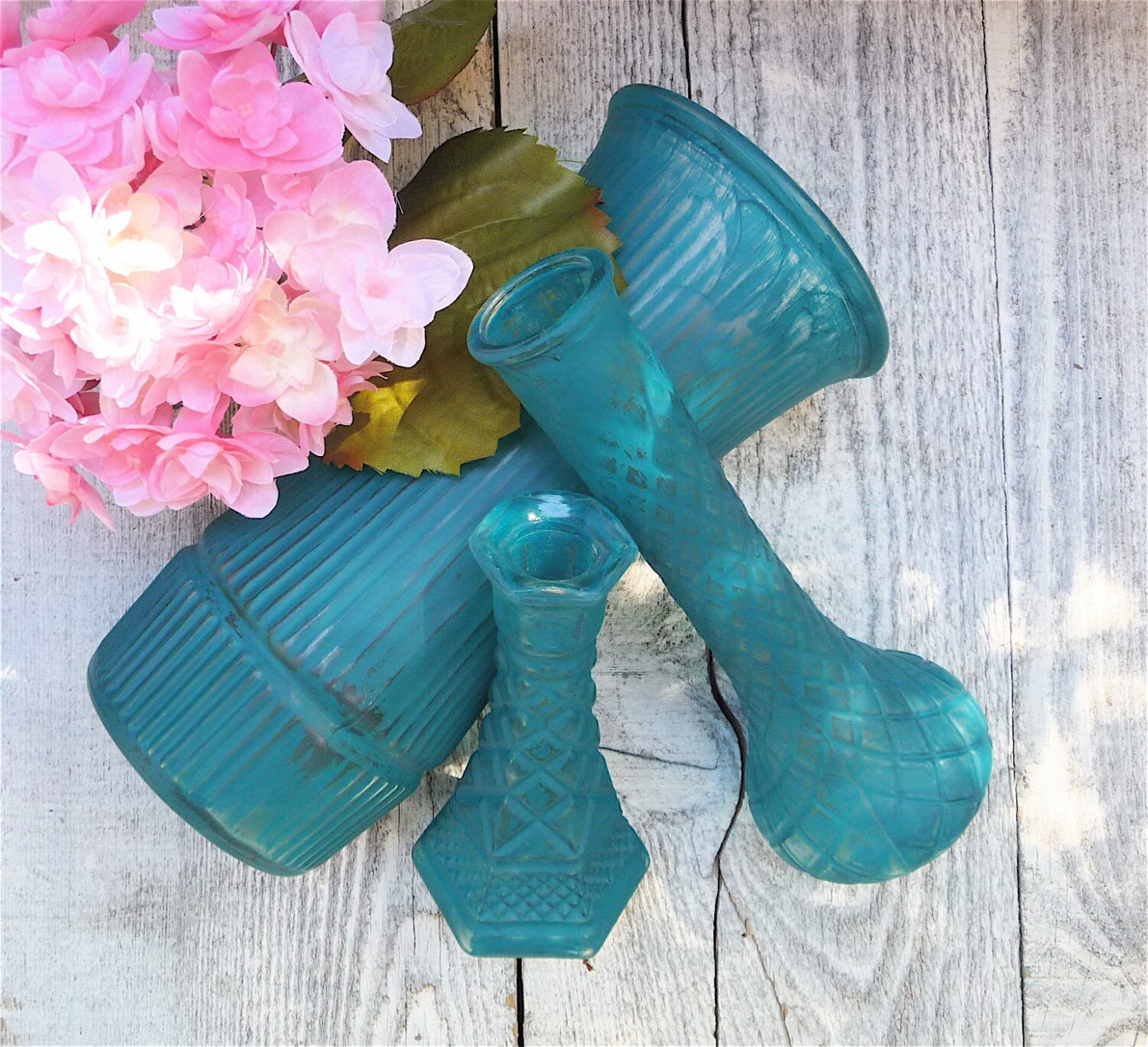 Dark Teal Painted GLASS VASES Shabby Chic by HuckleberryVntg